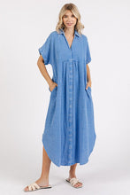 Load image into Gallery viewer, Mineral Wash V-Neck Button-Up Midi Shirt Dress – Trendy, Casual, Lived-In Look with Classic Button Details for Effortless Style
