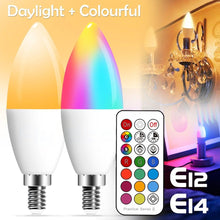 Load image into Gallery viewer, E14 LED Bulb Candle Color Indoor Neon Sign Light Bulb RGB Tape With Controller Lighting 220V E12 Dimmable Smart Lamp For Home Smart WiFi Candelabra Light Bulb, C37 Shape RGB+C+W LED Candle Light Bulb, 5W 400LM (2700k-6500k) Candelabra Bulb
