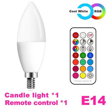 Load image into Gallery viewer, E14 LED Bulb Candle Color Indoor Neon Sign Light Bulb RGB Tape With Controller Lighting 220V E12 Dimmable Smart Lamp For Home Smart WiFi Candelabra Light Bulb, C37 Shape RGB+C+W LED Candle Light Bulb, 5W 400LM (2700k-6500k) Candelabra Bulb

