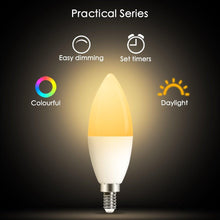 Load image into Gallery viewer, E14 LED Bulb Candle Color Indoor Neon Sign Light Bulb RGB Tape With Controller Lighting 220V E12 Dimmable Smart Lamp For Home Smart WiFi Candelabra Light Bulb, C37 Shape RGB+C+W LED Candle Light Bulb, 5W 400LM (2700k-6500k) Candelabra Bulb
