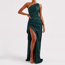 Load image into Gallery viewer, Sexy One-shoulder Backless Slit Dress Summer Elegant Slim-fit Solid Color Satin Dresses For Women
