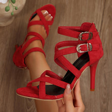 Load image into Gallery viewer, Women's Suede Stiletto Sandals | Pointed-Toe Ankle Strap Hollow-Out Heels in Red | Summer 2026
