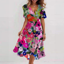 Load image into Gallery viewer, Floral Print A-Line Dress – V-Neck Short Sleeve Midi Dress
