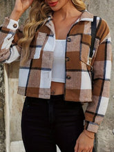 Load image into Gallery viewer, Women Brown Plaid Collared Neck Cropped Jacket Trendy &amp; Versatile Outerwear
