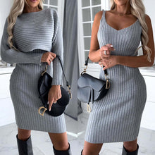 Load image into Gallery viewer, 2pcs Suit Women's Solid Stripe Long-sleeved Top And Tight Suspender Skirt Fashion Autumn Winter Slim Clothing
