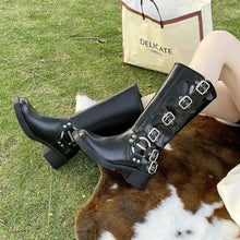 Load image into Gallery viewer, Block Heel Knee High : Motorcycle Boots With Buckle
