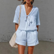 Load image into Gallery viewer, Women's Lace-Up Short-Sleeve Shirt &amp; Loose Shorts Set – Casual Summer Co-Ord
