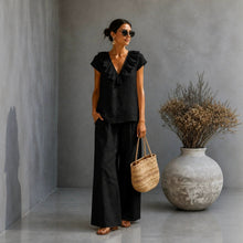 Load image into Gallery viewer, Women's V-Neck Ruffled Hem Top &amp; Wide-Leg Pants Two-Piece Set
