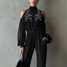 Load image into Gallery viewer, Black Embroidered Women’s Long-Sleeve Wide-Leg Jumpsuit
