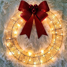 Load image into Gallery viewer, Christmas Garland 50CM Luminous LED Warm Light Metal Luminous Wreath With Big Bowknot Christmas Front Door Home Holiday Party Door Hanging Decor
