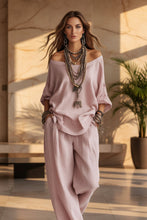 Load image into Gallery viewer, Women's Oversized Batwing Sleeve V-Neck Top &amp; Barrel Wide-Leg Pants Boho Set
