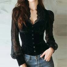 Load image into Gallery viewer, Women's Velvet &amp; Lace Trim Top V-Neck Long Sleeve Blouse

