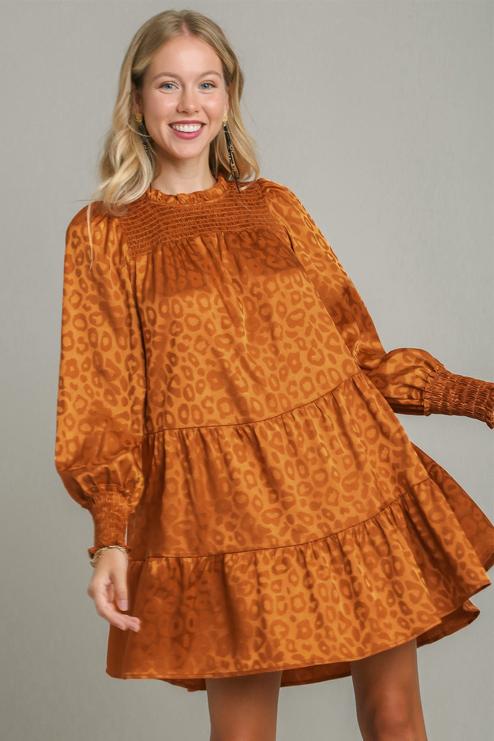 Smocked Leopard Long Sleeve Tiered Dress – Smocked Bodice, Bold Leopard Print, Tiered Design, Frill Details, Chic Dress for Casual and Semi-Formal Occasions