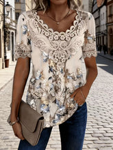 Load image into Gallery viewer, Women's Lace Patchwork Crew Neck Short Sleeve T-Shirt
