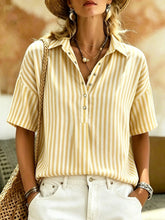 Load image into Gallery viewer, Women's Striped Short-Sleeve Shirt with Turn-Down Collar
