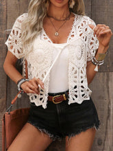 Load image into Gallery viewer, Floral Crochet Open-Front Cardigan – Women's Cropped Hollow-Out Knit Shawl Top with Tassel Tie
