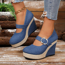 Load image into Gallery viewer, Women's Platform Wedge Pumps | Round-Toe Buckle Waterproof Thick Sole Shoes in Black &amp; Blue | EU 36–43
