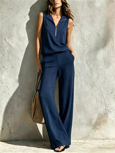 Load image into Gallery viewer, Women's Quarter-Zip Stand Collar Sleeveless Top &amp; Wide-Leg Pants Set
