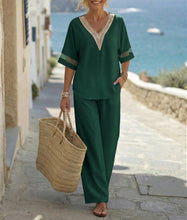 Load image into Gallery viewer, Women's Embroidered V-Neck Top &amp; Wide-Leg Pants Set – 5 Colors S–XXL

