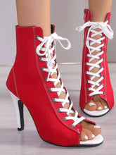 Load image into Gallery viewer, Canvas Lace-Up Peep Toe : Stiletto Ankle Boots
