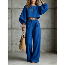 Load image into Gallery viewer, Women's Balloon Puff Sleeve Tie-Cuff Crop Top &amp; Pleated Wide-Leg Trousers Set
