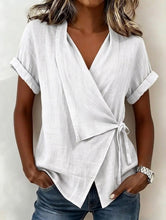 Load image into Gallery viewer, Women's Casual Lapel Collar Lace-Up Short-Sleeve Linen Top
