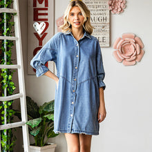 Load image into Gallery viewer, Women's Three-Quarter Sleeve Denim Dress – Ruffle Detail Mid-Length
