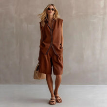 Load image into Gallery viewer, Women's Linen Shirt and Shorts Set – Sleeveless Summer Two-Piece
