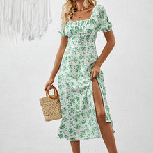 Load image into Gallery viewer, Square Neck Floral Print Dress With Puff Sleeves &amp; Side Slit Maxi Dress
