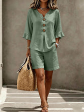Load image into Gallery viewer, Women's Buttoned V-Neck Ruffle-Trim Top &amp; Shorts Two-Piece Set
