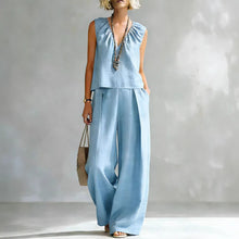 Load image into Gallery viewer, Women's Sleeveless Cotton-Linen Shirt &amp; Pants Set – Urban 2-Piece
