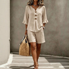 Load image into Gallery viewer, Women's Buttoned V-Neck Ruffle-Trim Top &amp; Shorts Two-Piece Set
