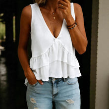 Load image into Gallery viewer, V-Neck Ruffled Sleeveless Vest Top – Solid Color Women’s Tank
