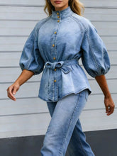 Load image into Gallery viewer, Women's Retro Washed Denim Top | Lantern Sleeve Stand Collar Belted Shirt in Blue | S–XXL
