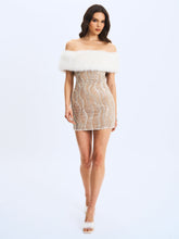 Load image into Gallery viewer, Averie White Fur Off-Shoulder Beige Sequin Mini Dress
