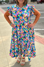 Load image into Gallery viewer, Blue Abstract Print Ruffle Sleeve Plus Size Tiered Maxi Dress

