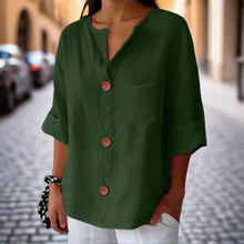 Load image into Gallery viewer, Women’s Loose V Neck T Shirt – Cotton Linen Button Top
