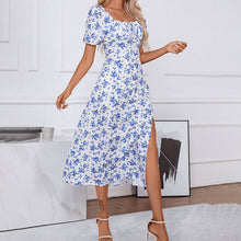 Load image into Gallery viewer, Square Neck Floral Print Dress With Puff Sleeves &amp; Side Slit Maxi Dress
