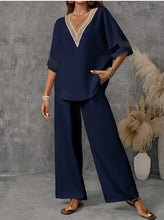 Load image into Gallery viewer, Women's Embroidered V-Neck Top &amp; Wide-Leg Pants Set – 5 Colors S–XXL
