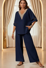 Load image into Gallery viewer, Women's Embroidered V-Neck Top &amp; Wide-Leg Pants Set | Two-Piece Outfit
