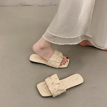 Load image into Gallery viewer, Minimalist Pleated Flat Slide Sandals – Square Toe Faux Leather
