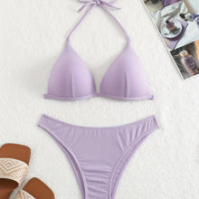 Load image into Gallery viewer, Bikini Rib Knit Solid Color Triangle 2 Piece Swimsuit for Women – Adjustable Tie Back Halter Bikini Set with Spaghetti Straps – High Stretch Polyester Swimwear for Summer Beachwear Poolside Relaxation and Tropical Vacation
