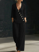 Load image into Gallery viewer, Women's V-Neck Diagonal Button Placket Cotton-Linen Shirt &amp; Wide-Leg Pants Set
