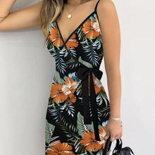 Load image into Gallery viewer, Women's V-neck Lace Up Plant Print Off Shoulder Versatile Dress
