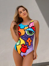 Load image into Gallery viewer, Pop Art Face Print One-Piece Swimsuit – Women's Bold Colorful Scoop Neck Swimwear
