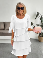Load image into Gallery viewer, Patchwork Cake Midi Dress – Round Neck Short Sleeve Tiered Skirt

