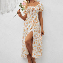Load image into Gallery viewer, Square Neck Floral Print Dress With Puff Sleeves &amp; Side Slit Maxi Dress
