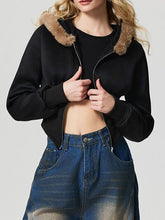 Load image into Gallery viewer, Black Fuzzy Hem Hooded Zip-Up Jacket With Long Sleeves and Casual Style Jacket
