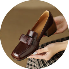 Load image into Gallery viewer, Women's Cowhide Square Toe Chunky Heel Pumps – Floral Detail Commuter Heels
