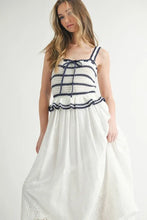 Load image into Gallery viewer, Crochet Stripe Knit Eyelet Mix Midi Dress – Crochet Midi Dress, Stripe Knit Dress, Eyelet Mix Dress, Trendy Midi Dress, Versatile Midi Dress
